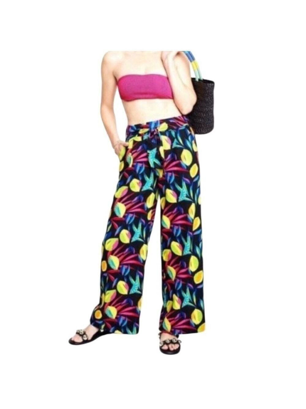 Tabitha Brown Linen Lemon Colorful Wide Leg Pants High Waisted Belt Size Med EC